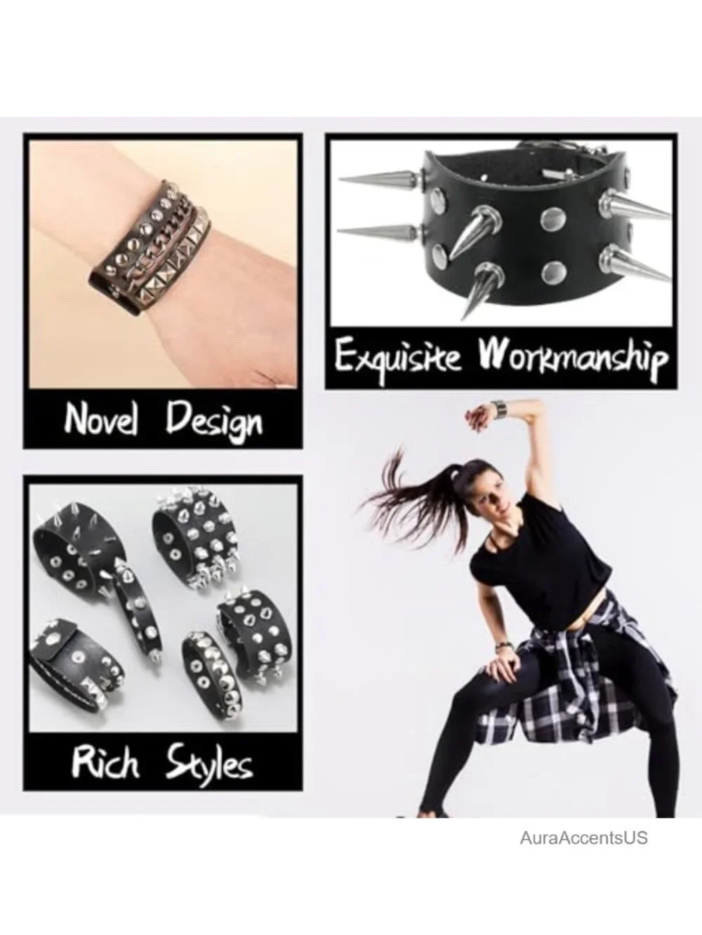 6-Pack Punk Studded Bracelets Set - Adjustable PU Leather Spike Cuff Gothic